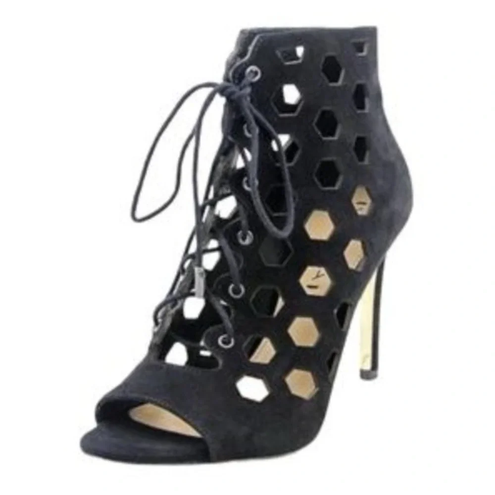 Via Spiga Eloise Black Suede‎ Cage Booties Lace-Up Heels 7.5
